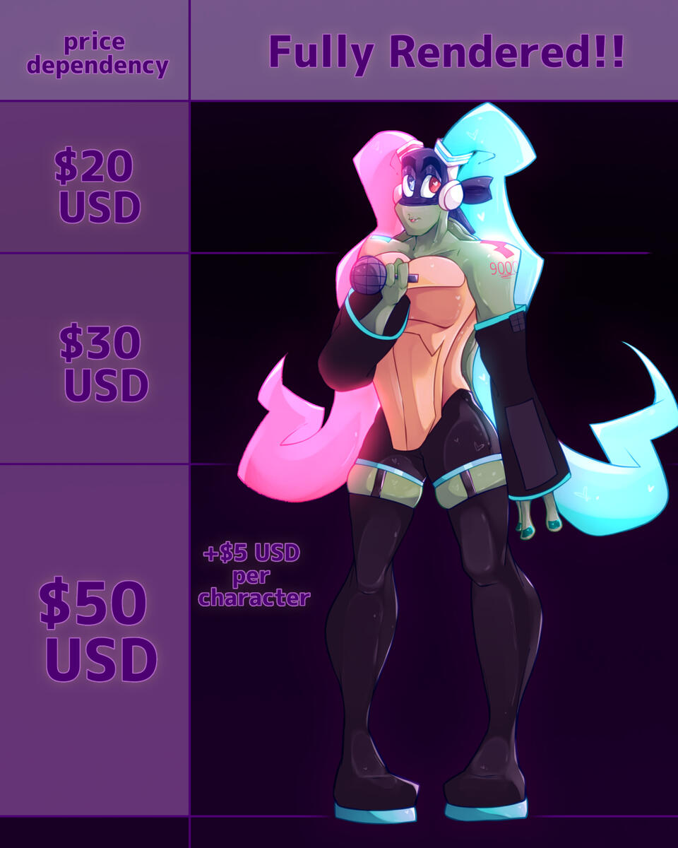 Untitled Price dependency -- Fully Rendered ↓ Portrait = $20 USD Half-Body = $30 USD Full-Body = $50 +$5 USD for each extra character