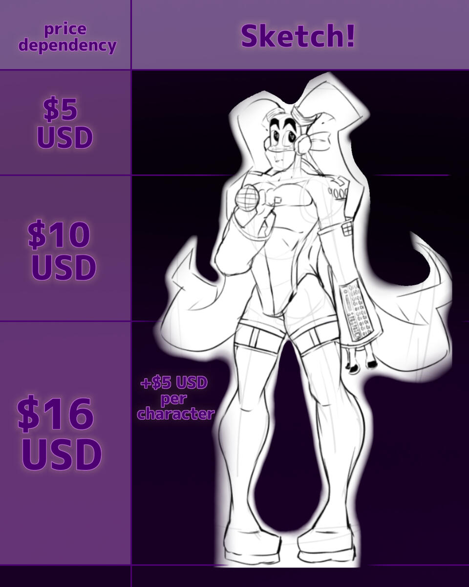 Untitled Price dependency -- Fully Rendered ↓ Portrait = $5 USD Half-Body = $10 USD Full-Body = $16 USD +$5 USD for each extra character